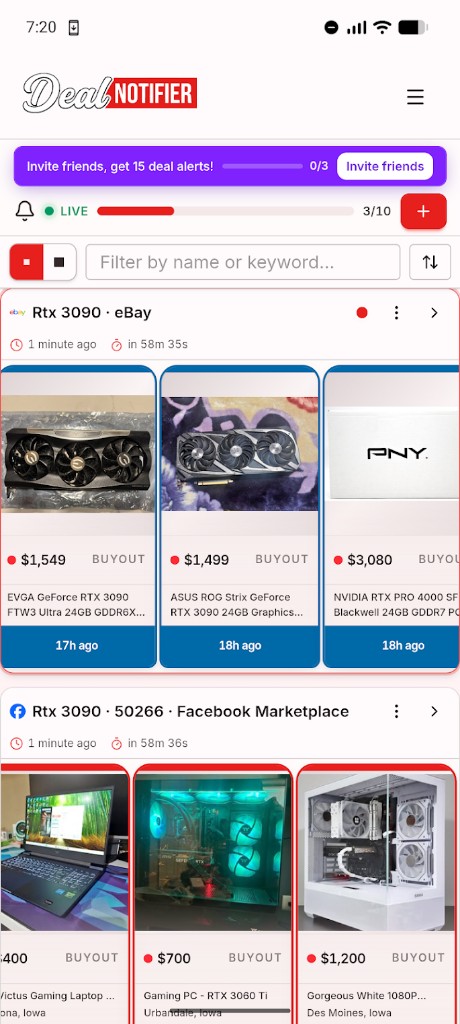 Deal Notifier mobile app showing RTX 3090 alerts